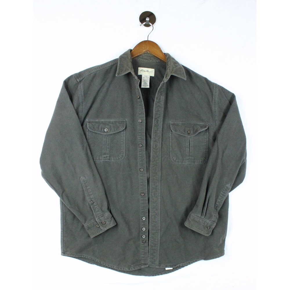 Eddie Bauer Mens Large Gray Flannel Button Down Shirt Cotton Long Sleeve 4287